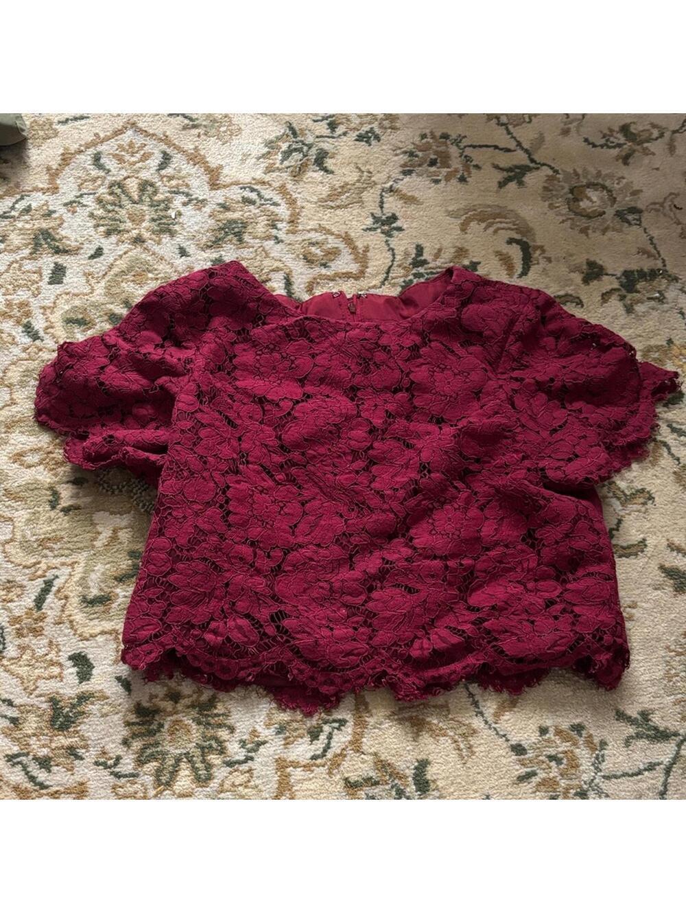 For her and him Burgundy Lace crop Top short sleeve midriff lace appliqué